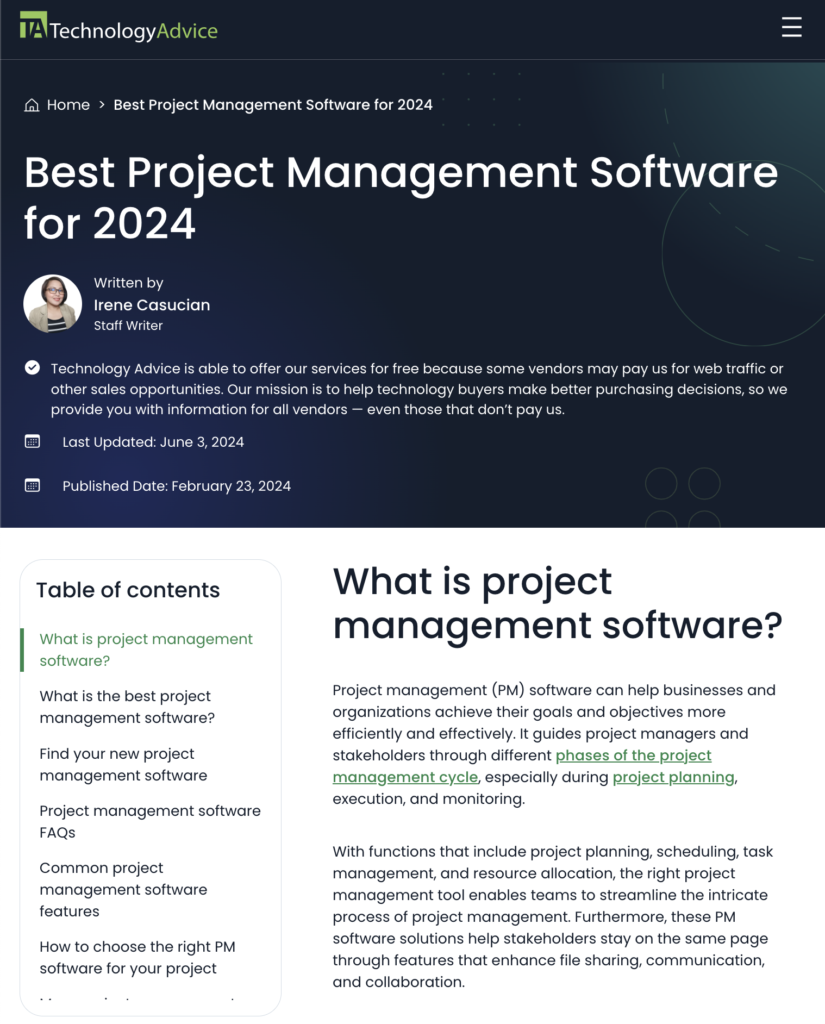 technologyadvice.com "Best project management software" article